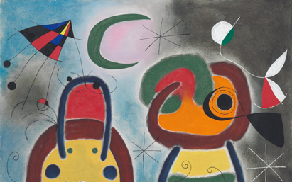 El pájaro de plumaje desplegado vuela hacia el árbol plateado, Joan Miró